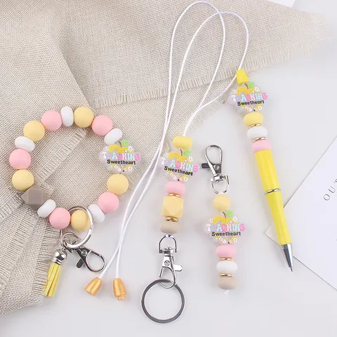 Geschenkset Zum Lehrertag Cartoon Silikon Perlen Schlüsselanhänger Armband Schlüsselband Kugelschreiber DIY Zubehör Für Lehrerinnen