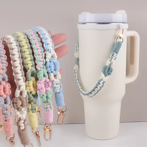 Handgefertigt Gewebt Blumen Blatt Wasserbecher Gurt Tragbar Baumwolle Häkeln Träger Lanyard Mit Metallschallen Für Becher Flasche