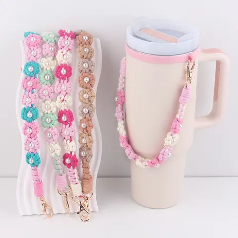 Handmade Woven Daisy Flower Water Bottle Strap With Artificial Pearl Cotton Hand-Woven Cup Rope Shoulder Crossbody Strap Cup Accessory