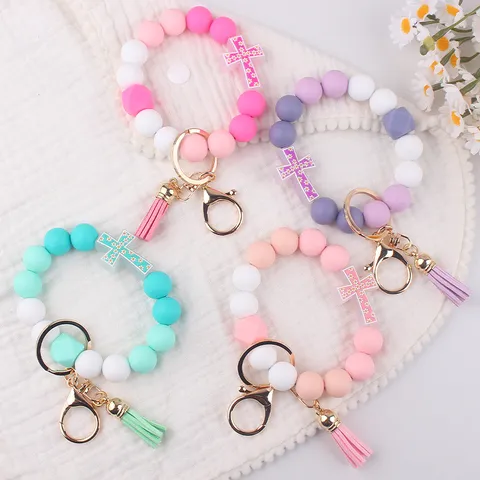 Cartoon Cross Silicone Beaded Keychain Bracelet Handmade Tassel Daisy Flower Bangle Key Ring Wristlet Pack Accessories For Women