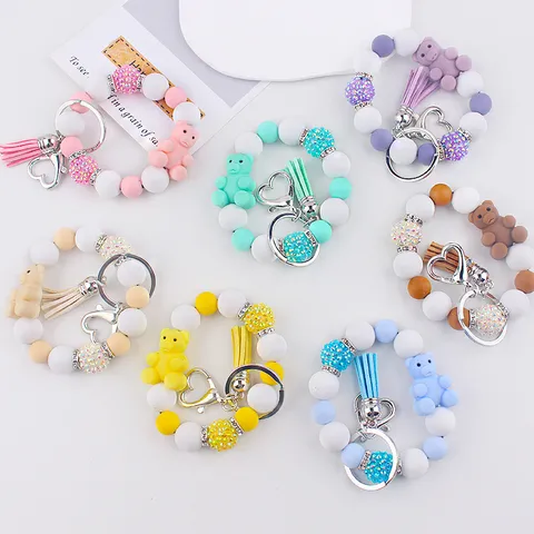 Cartoon 3D Bear Silicone Beaded Bracelet Keychain Heart Clasp Tassel Rhinestone Charm Wristband Key Ring Jewelry Gift For Women