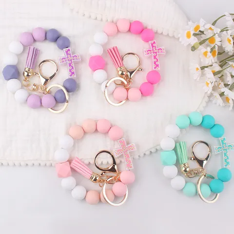 Cartoon Cross Silicone Beaded Keychain Bracelet Handmade Tassel Daisy Flower Bangle Key Ring Wristlet Pack Accessories For Women