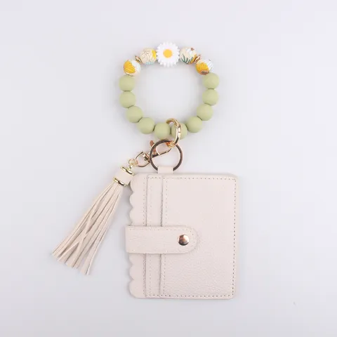 Daisy Bead Bracelet Keychain With PU Leather Card Holder Tassel Wristlet Silicone Key Ring For Women