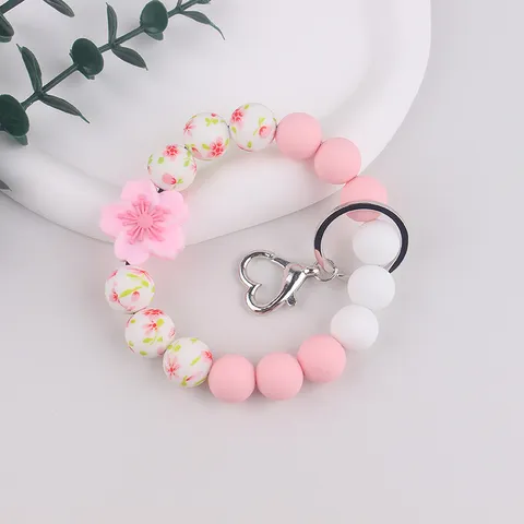 Silicone Bead Bracelet Keychain For Women Floral Crabapple Pendant Heart Clasp Key Ring Wristlet Bangle Accessories