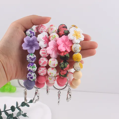 Silicone Bead Bracelet Keychain For Women Floral Crabapple Pendant Heart Clasp Key Ring Wristlet Bangle Accessories