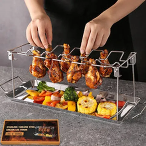 Rejilla de Acero Inoxidable para Muslos de Pollo 14 Ranuras Soporte para Asar BBQ Plegable Herramienta de Camping