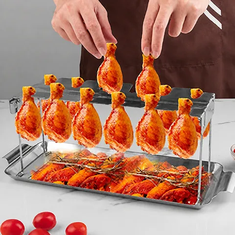 Stainless Steel Folding Chicken Leg BBQ Grill Rack Portable Outdoor Barbecue Roaster Rack With Drip Tray Kitchen Cooking Tool