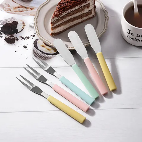 Macaron Farbe Obstgabel Edelstahl Kuchen Butter Streichmesser Set Dessert Gebäck Gabel Küche Geschirr Werkzeug