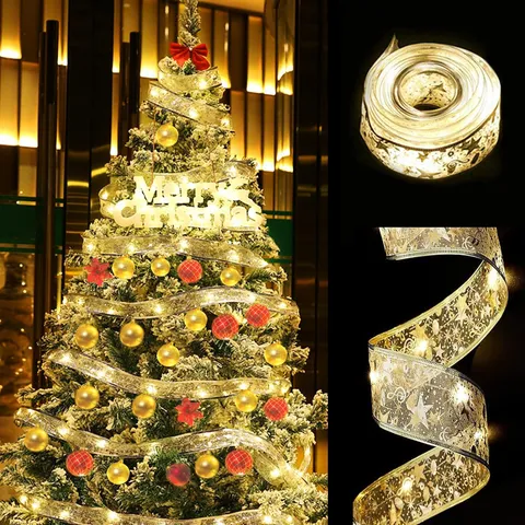 Weihnachtsband LED Lichterkette Batteriebetrieben Warmweiß Leuchtendes Gazeband Mit Bronzierstern Für Weihnachtsbaum DIY Dekoration