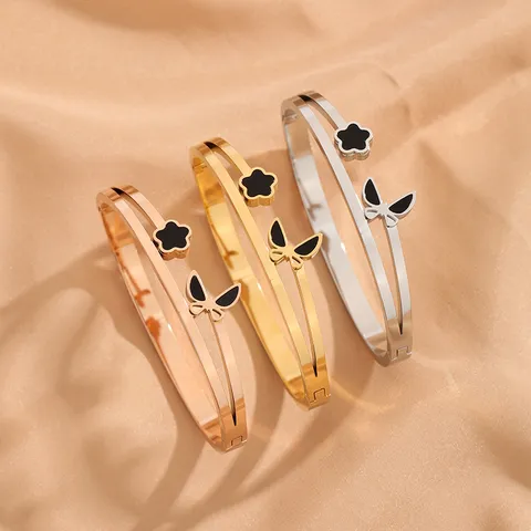 Edelstahl Fünfblättrige Blume Schmetterling Offener Armreif Armband Schwarze Muschel Gold Roségold Silber Mode Schmuck Geschenk
