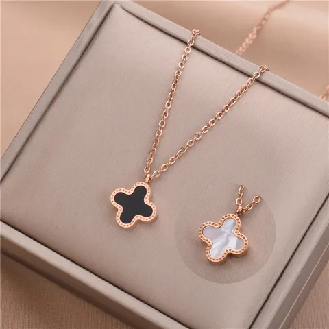 Edelstahl Vierblättriges Kleeblatt Halskette Schwarz Weiß Muschel Anhänger Gold Roségold Plattiert Ins Stil Schmuck Geschenk