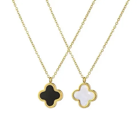 Edelstahl Vierblättriges Kleeblatt Halskette Schwarz Weiß Muschel Anhänger Gold Roségold Plattiert Ins Stil Schmuck Geschenk