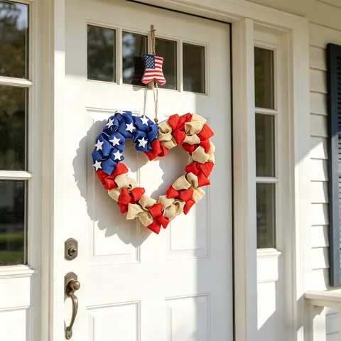 Independence Day American Flag Heart Wreath Patriotic Red White Blue Fabric Wreath For July 4th Front Door Decoration
