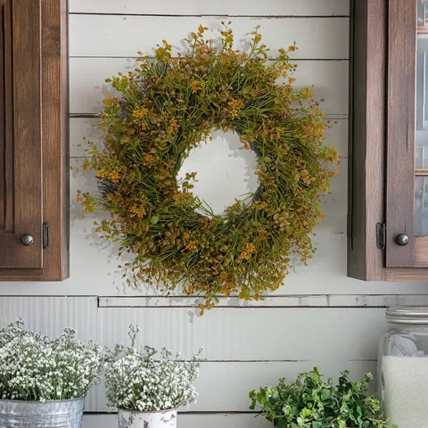 Autumn Thanksgiving Wreath Artificial Boxwood Gypsophila Eucalyptus Wreath For Front Door Wall Decor Fall Harvest Home Ornament