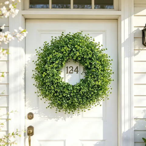 Artificial Boxwood Wreath Outdoor Greenery For Front Door Wall Decoration Spring Summer Round Green Purple Plant Wreath