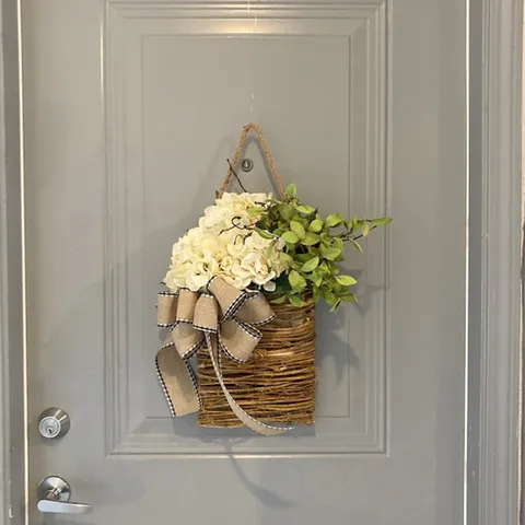 Künstlicher Hortensien Blumenkranz Rattan Korb Tür Hängende Dekoration Für Frühling Zuhause Dekor Pastoraler Stil Blumenschmuck