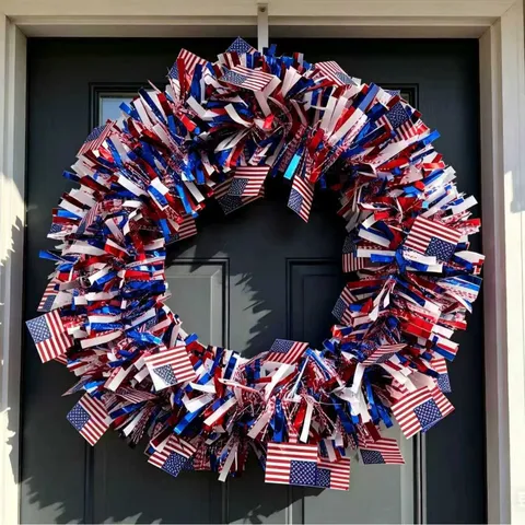 Patriotic Independence Day Tinsel Wreath Red White Blue American Flag Wreath For Front Door July Fourth Decoration Home