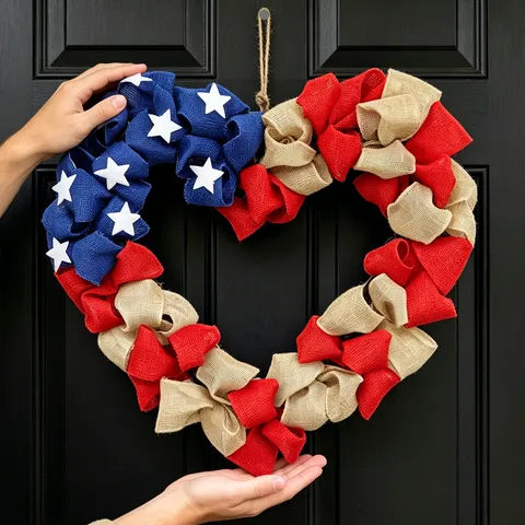 Independence Day American Flag Heart Wreath Patriotic Red White Blue Fabric Wreath For July 4th Front Door Decoration