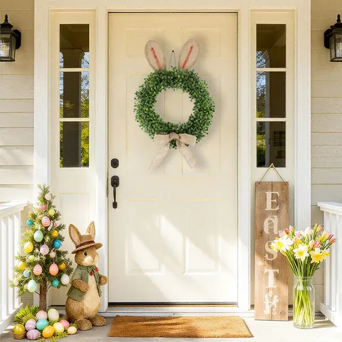 Couronne Lapin Pâques Couronne Verdure Artificielle Avec Oreilles en Jute et Nœud Pour Porte D'Entrée Décoration Maison