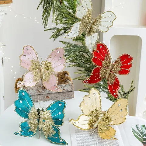 Luxus Stoff Schmetterling Weihnachtsbaum Dekoration Glitzer Strass Hängedekoration Für Feiertag Party Heimtextilien
