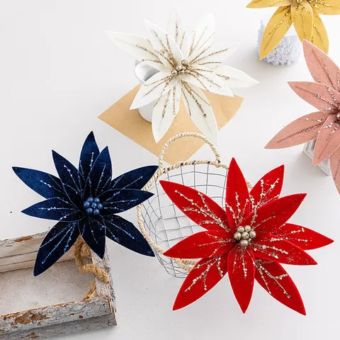Weihnachten Künstliche Blume Flanell Weidenblatt Ornament Glitzer Pailletten Dekor Weihnachtsbaum Anhänger DIY Festival Party Deko