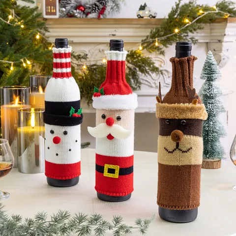 Christmas Wine Bottle Cover Knitted Santa Claus Snowman Reindeer Pattern Decoration For Hotel Restaurant Home Party Decor