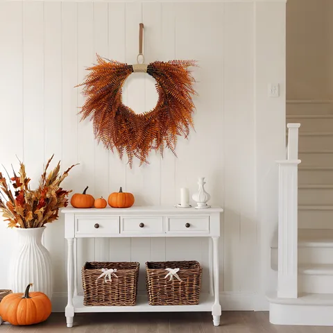 Artificial Persian Fern Wreath Autumn Fall Hanging Garland Wall Decoration For Home Garden Porch Door Autumn Transition Decor
