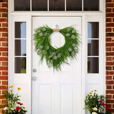 Spring Artificial Greenery Wreath Plastic Pine Eucalyptus Heart Wreath For Front Door Wall Fireplace Home Decor Hanging Ornament Wreath