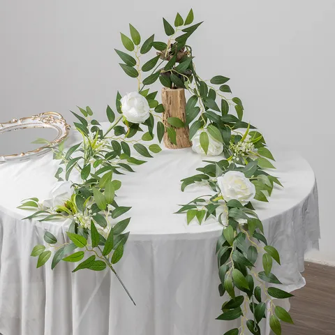 Künstliche Rose Olivenblatt Girlande Weinrebe Weiße Blume Grün Für Hochzeit Party Haus Tisch Dekoration
