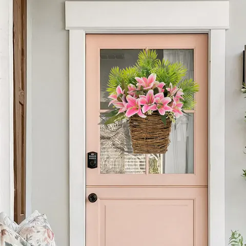 Kunstmatige Roze Lelie Bloemenmand Krans Voor Voordeur Decor Lente Boerderij Muur Krans Voor Buiten Huis Bruiloft Fotografie Decoratie