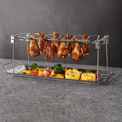 Rejilla de Acero Inoxidable para Muslos de Pollo 14 Ranuras Soporte para Asar BBQ Plegable Herramienta de Camping