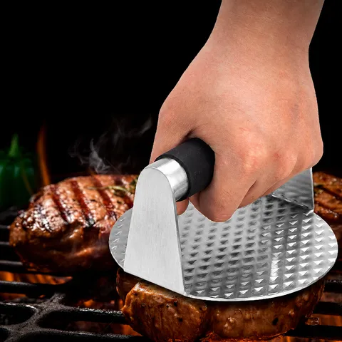 304 Stainless Steel Round Burger Press Heavy Duty Patty Maker With Silicone Handle And Textured Non Stick Grill Press
