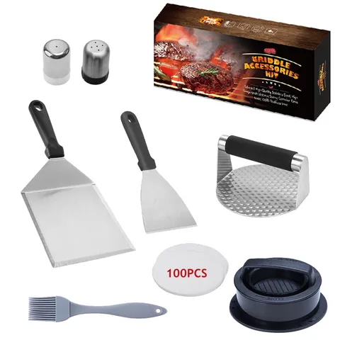 Stainless Steel BBQ Tool Sets Griddle Accessories Kit Burger Press Spatula Outdoor Cooking Grilling Tools For Kitchen Party