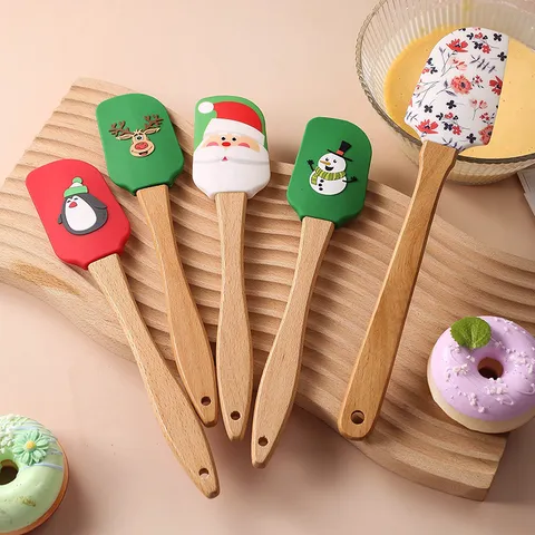 Espátula de Silicona de Navidad Mango de Madera Pastel Horneado Crema Raspador Gran Espátula de Mermelada Herramientas de Cocina Festivas