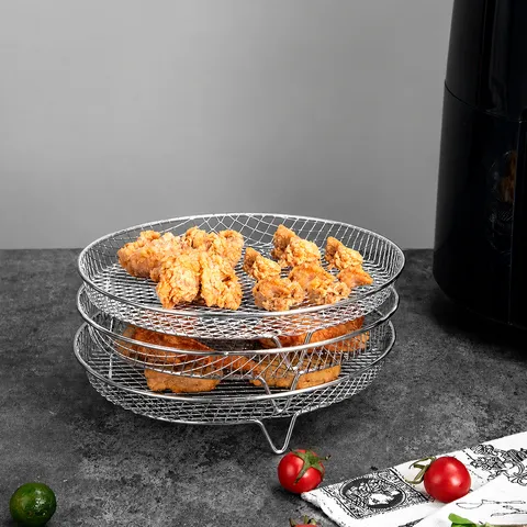Accesorios para Freidora de Aire Rejilla de Deshidratación Acero Inoxidable Redonda Tres Capas Apilable Horno Alimentos Fruta Deshidratador Rejilla