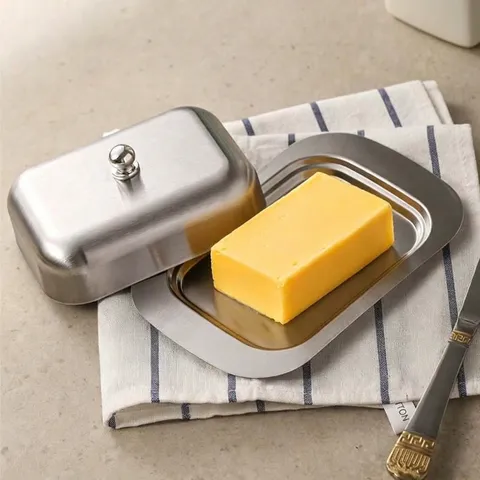 Mantequillera de Acero Inoxidable Con Tapa Y Asa Contenedor de Almacenamiento de Queso Rectangular Para Cocina