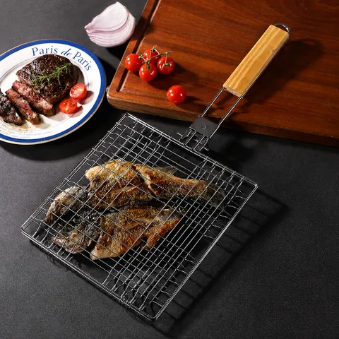 Stainless Steel Foldable Grill Basket Portable BBQ Fish Grilling Net Rack with Wooden Handle for Outdoor Cooking
