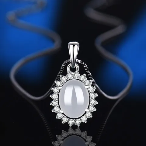 Ciondolo Solo Senza Catena In Argento Sterling 925 Vintage Girasole Retro Ovale Calcedonio Agata Strass Ciondolo Per Donna