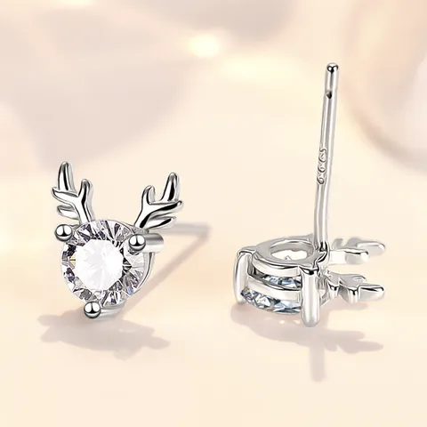 Orecchini a Bottone in Argento Sterling 925 a Corna di Cervo con Zirconia Stile Foresta Dolce Regalo di Natale per Donna