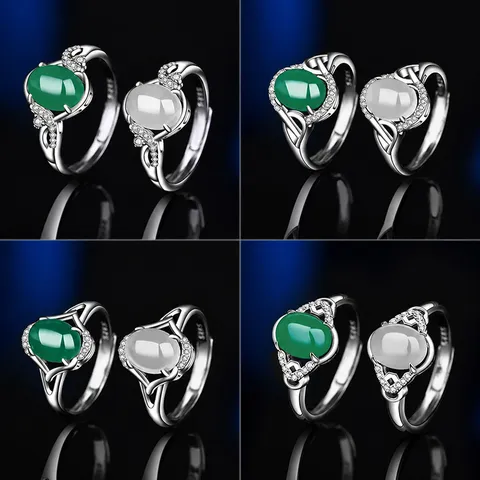 S925 Sterling Silver Agate Chalcedony Open Ring For Women Vintage Luxurious Geometric Inlaid Rhinestone Adjustable Finger Ring Jewelry Gift