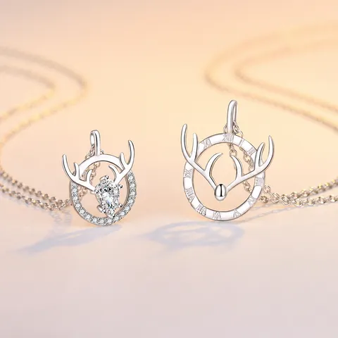 S925 Sterling Silver Antler Pendant Necklace For Couples Women Men Rhinestone Heart Roman Numeral Necklaces Jewelry Gift