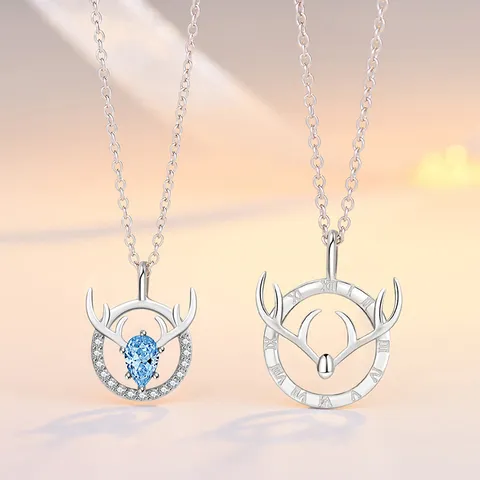 S925 Sterling Silver Antler Pendant Necklace For Couples Women Men Rhinestone Heart Roman Numeral Necklaces Jewelry Gift