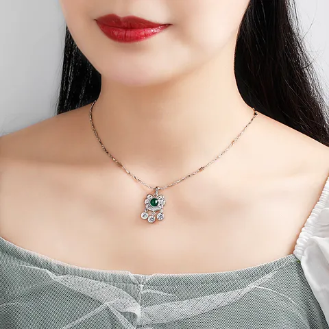 Ciondolo Solo Senza Catena Vintage in Argento Sterling 925 Agata Lucchetto della Pace Design Retrò Lucchetto Ruyi Intarsiato Calcedonio Bianco Verde Strass Gioielli Regalo Donna