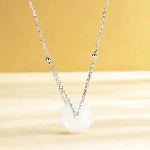 925 Sterling Silver Natural Nephrite Jade Ping'an Kou Pendant Necklace For Women Vintage Minimalist White Jade Jewelry Neck Chain