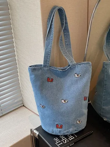 Borsa a Secchiello in Denim di Grande Capienza da Donna Borsa a Tracolla Ricamata Casual Moda Borsa Versatile Viaggio Quotidiano