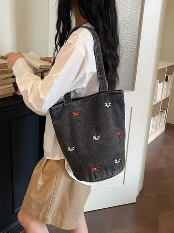 Borsa a Secchiello in Denim di Grande Capienza da Donna Borsa a Tracolla Ricamata Casual Moda Borsa Versatile Viaggio Quotidiano