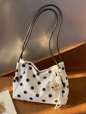 Sac Cabas en Toile à Pois Minimaliste Grande Capacité Sac Bandoulière Commuting Avec Pendentif Ours Pour Femmes Été