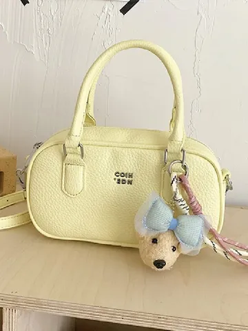 Women PU Leather Bowling Bag Casual Top Handle Shoulder Crossbody Bag Small Satchel with Bear Pendant