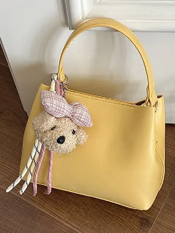 Sac Seau pour Femmes en Cuir PU Mode Décontracté Couleur Unie Poignée Supérieure Sac à Bandoulière avec Joli Pendentif d'Ours Sac à Main