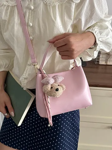 Sac Seau pour Femmes en Cuir PU Mode Décontracté Couleur Unie Poignée Supérieure Sac à Bandoulière avec Joli Pendentif d'Ours Sac à Main